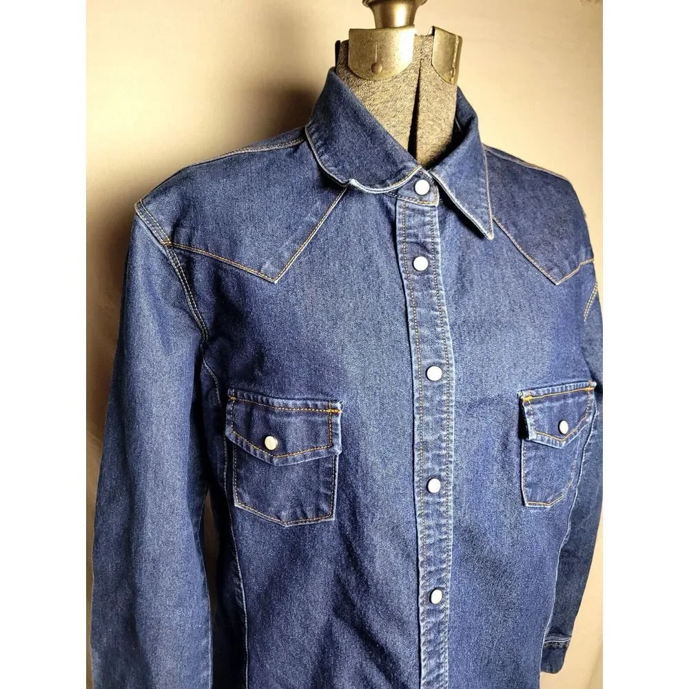 Levi's Western Pearl Snap Button Up Shirt‎ Womens Large L Dark Wash Denim - Picture 2 of 16